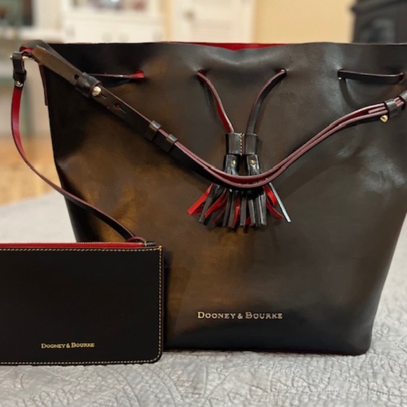 Dooney & Bourke Handbags - Dooney and Bourke Montecito Serena Drawstring Bucket Bag Large Black Red